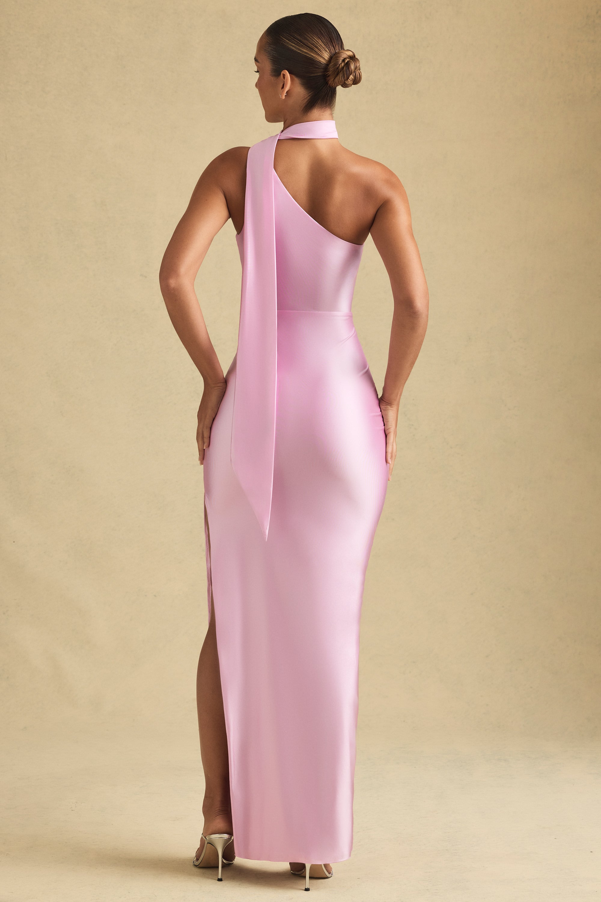 Asymmetric Scarf-Detail Maxi Dress in Soft Pink