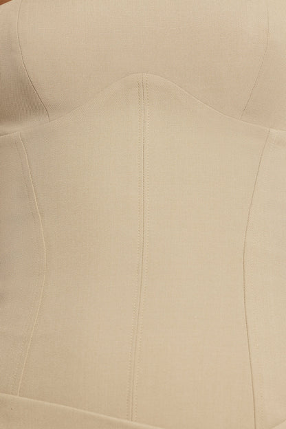 Woven Twill Wrap Over Pleated Mini Dress in Taupe