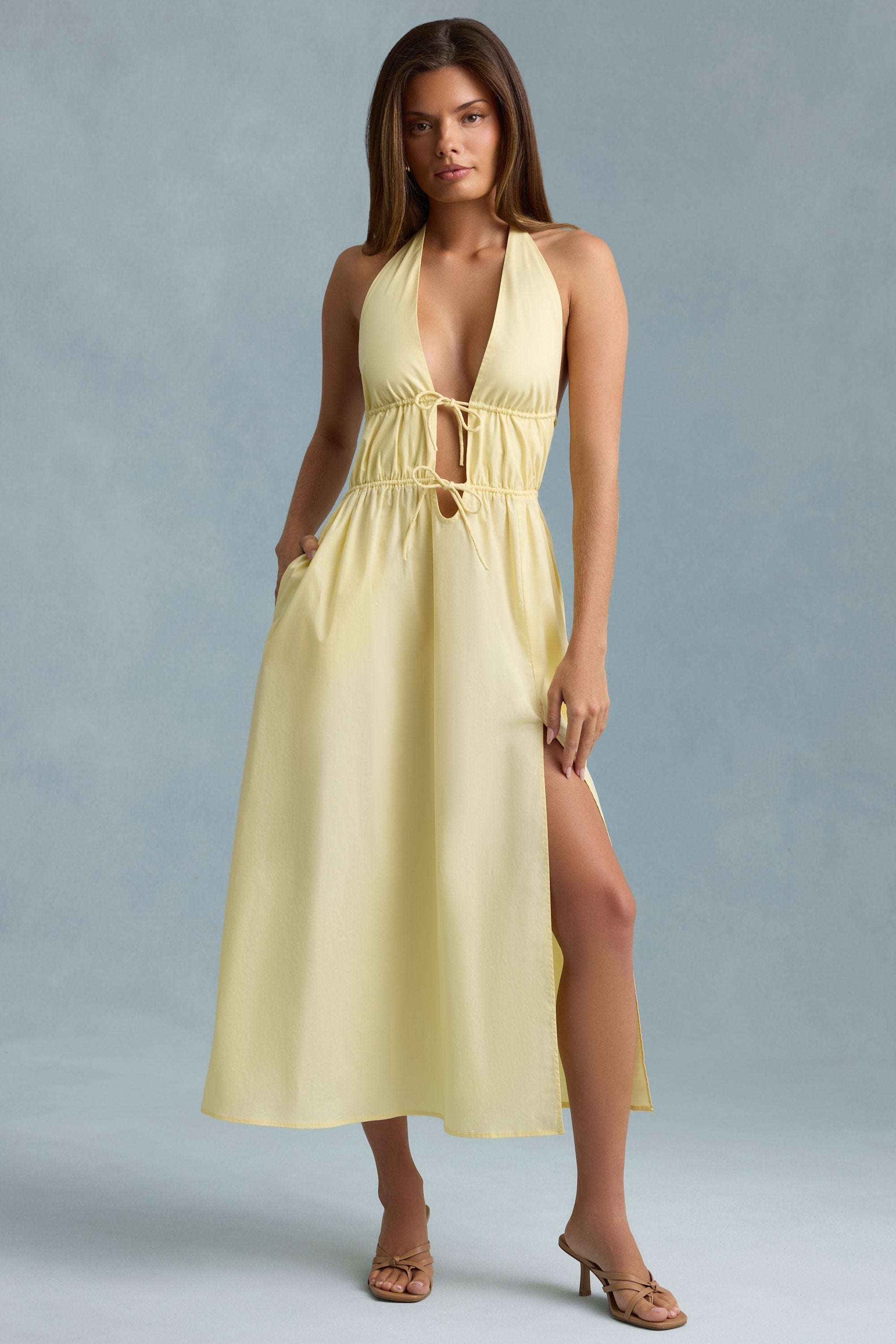 Backless Cotton-Poplin Maxi Dress in Lemon Yellow