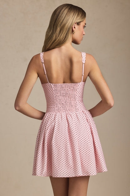 Bow-Detail A-Line Mini Dress in Pink Polka Dot