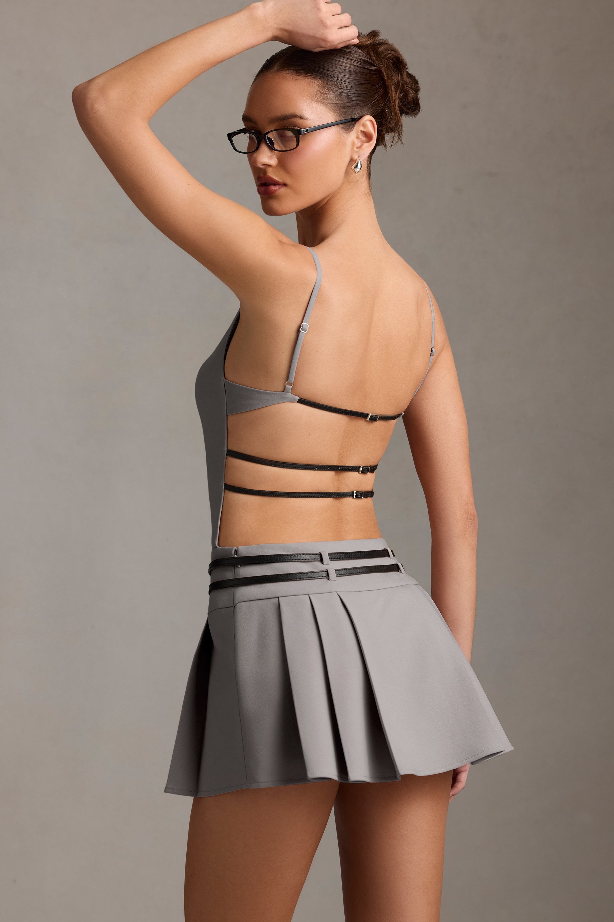 Belted Backless Pleated Mini Dress in Grey