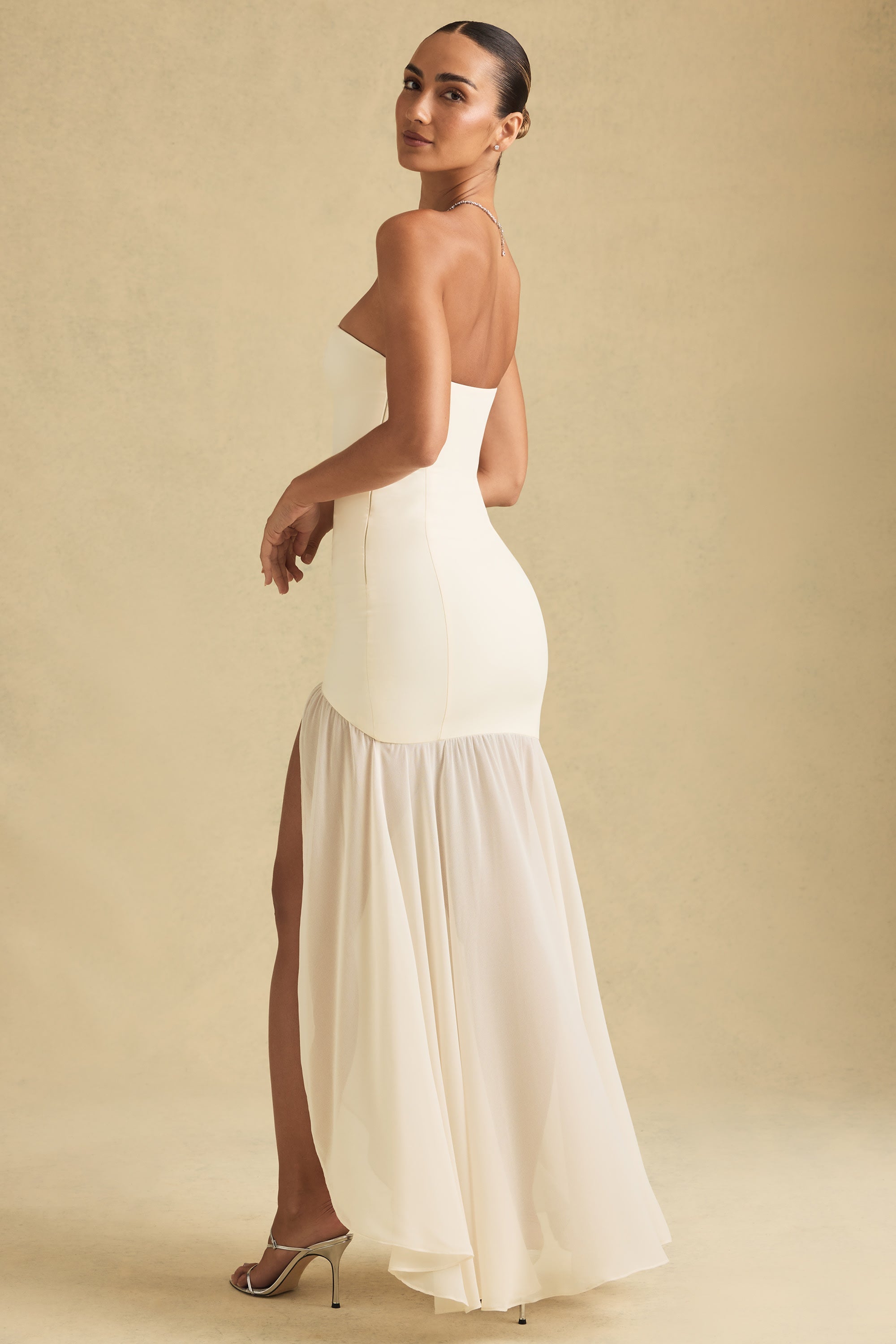 Asymmetric Strapless Fishtail Maxi Dress in Ivory