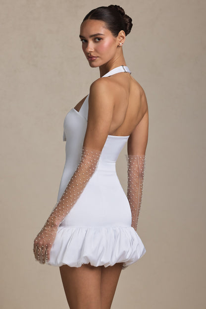Bow-Detail Halterneck Bubble Hem Mini Dress in White