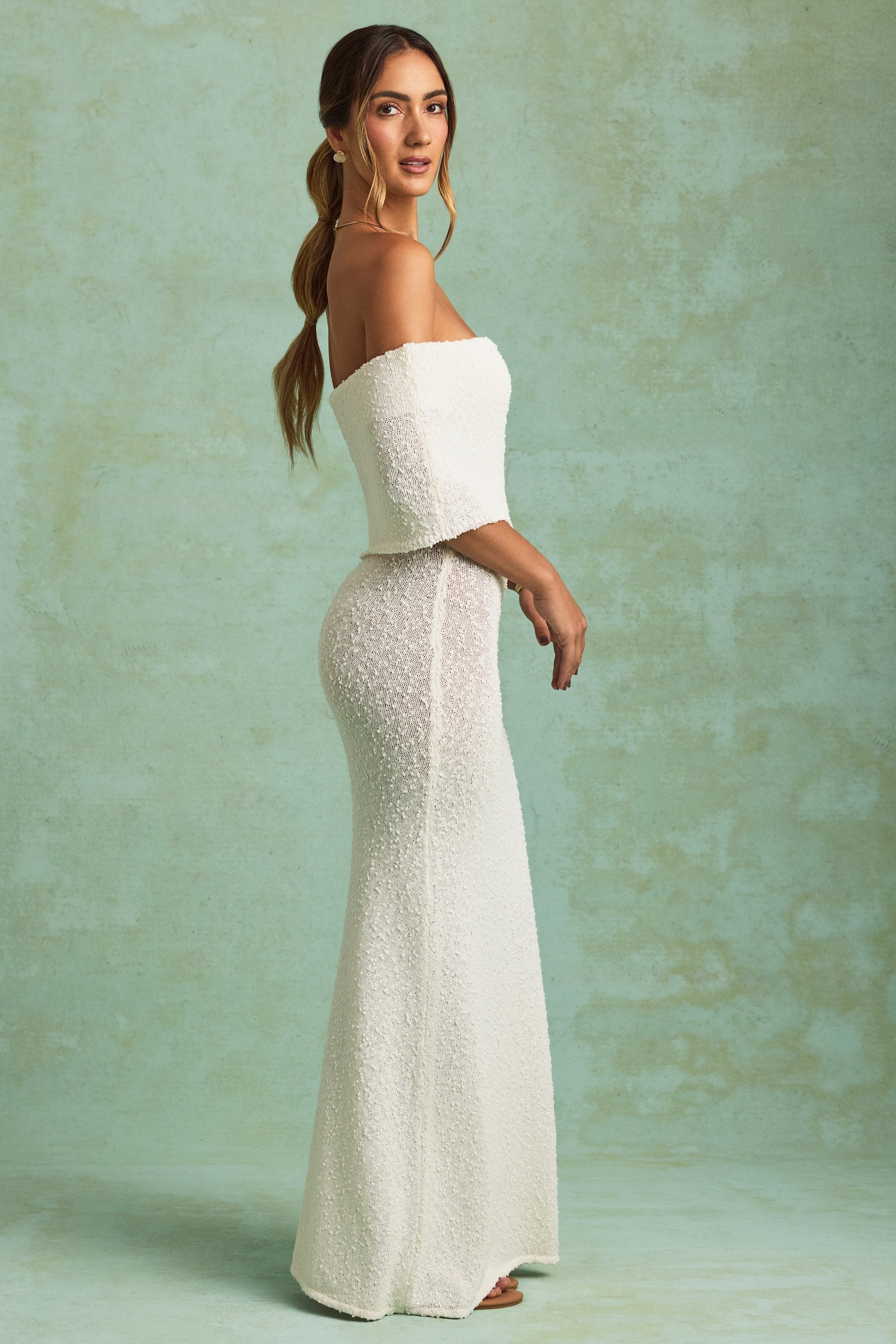 Bouclé Off-Shoulder Maxi Dress in White