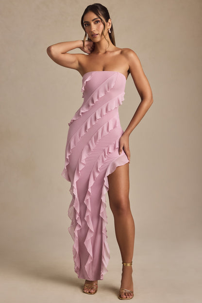 Bandeau Ruffle Detail Maxi Dress in Dusty Pink
