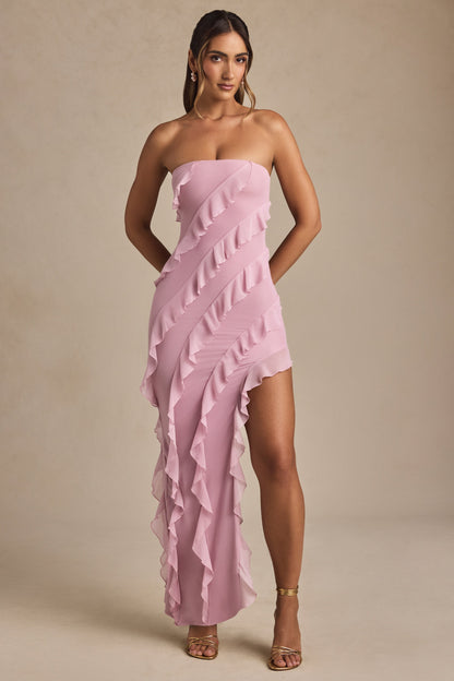 Bandeau Ruffle Detail Maxi Dress in Dusty Pink