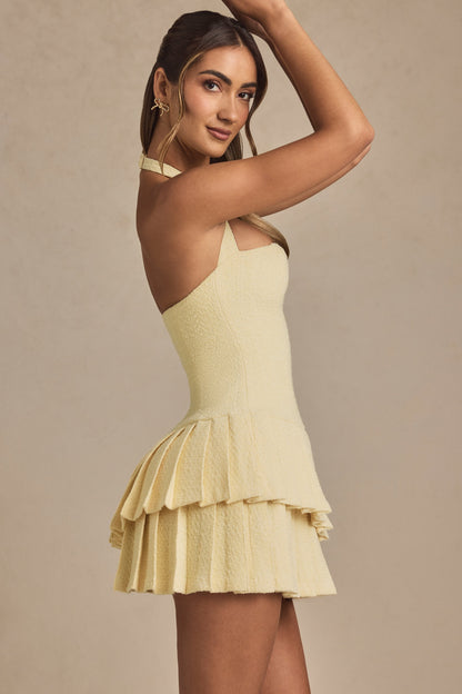 Asymmetric Layered Halterneck Mini Dress in Pastel Yellow