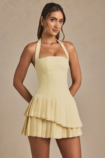 Asymmetric Layered Halterneck Mini Dress in Pastel Yellow