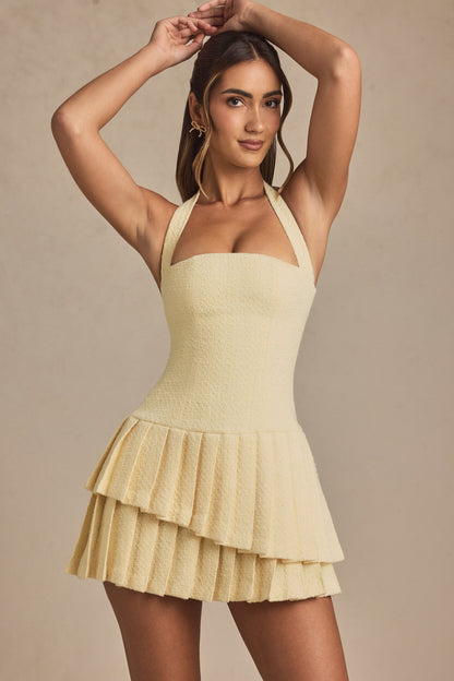 Asymmetric Layered Halterneck Mini Dress in Pastel Yellow