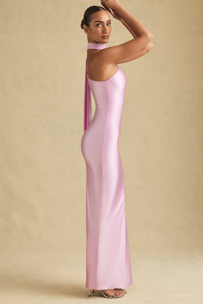 Asymmetric Scarf-Detail Maxi Dress in Soft Pink