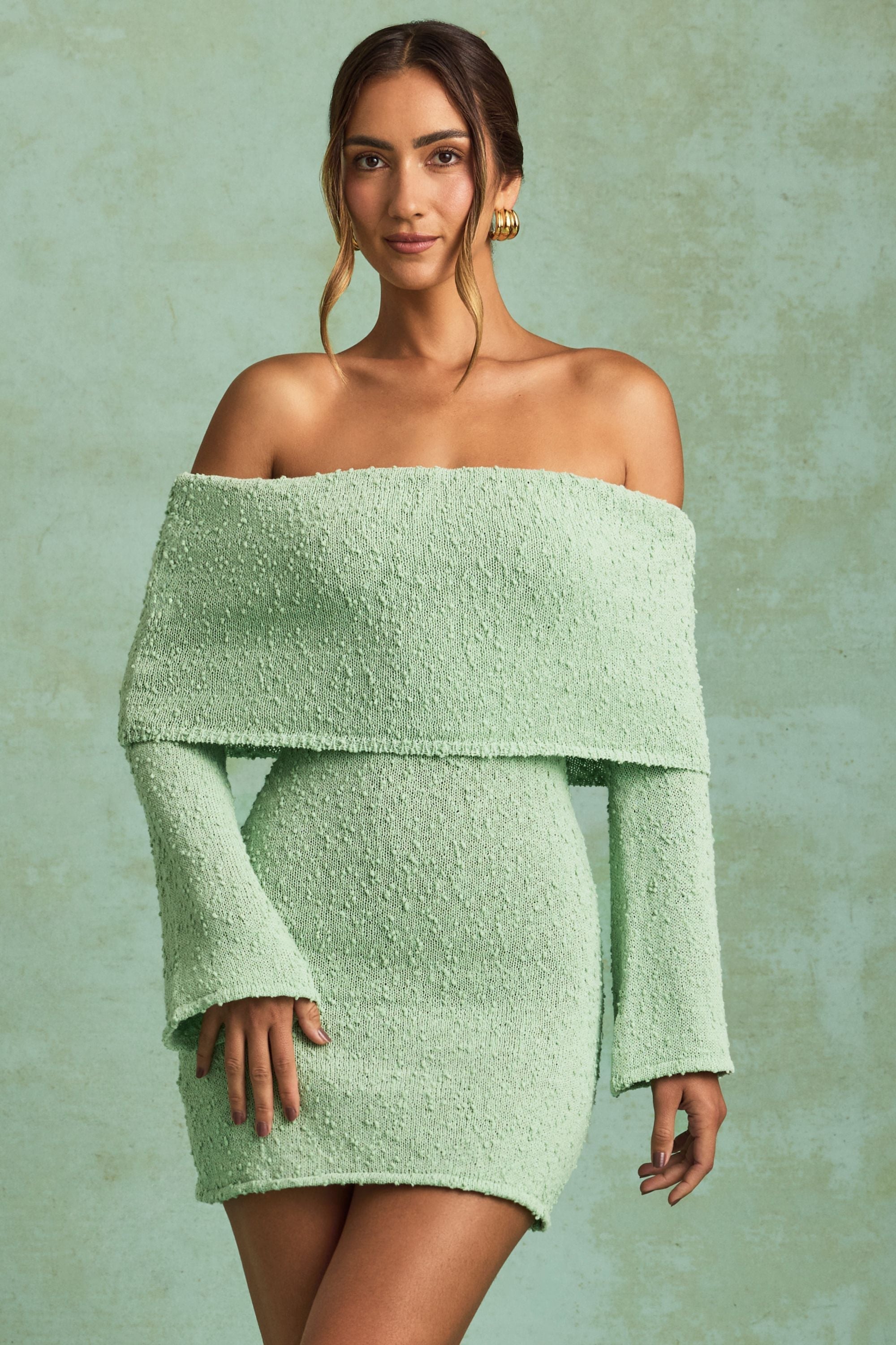Bouclé Off-Shoulder Mini Dress in Mint